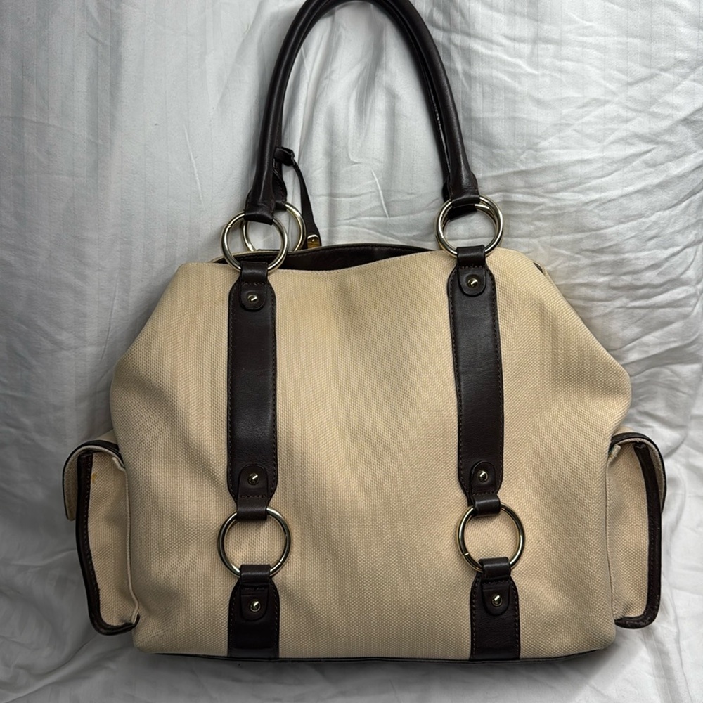 Antonio Melani Cream Canvas & Brown Leather Tote Bag